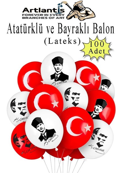 Atatüklü ve Bayraklı Balon 100 Adet Ata Balon Süsleme 29 Ekim 23 Nisan Kırmızı Beyaz Balon Bayrak Balon Bayram