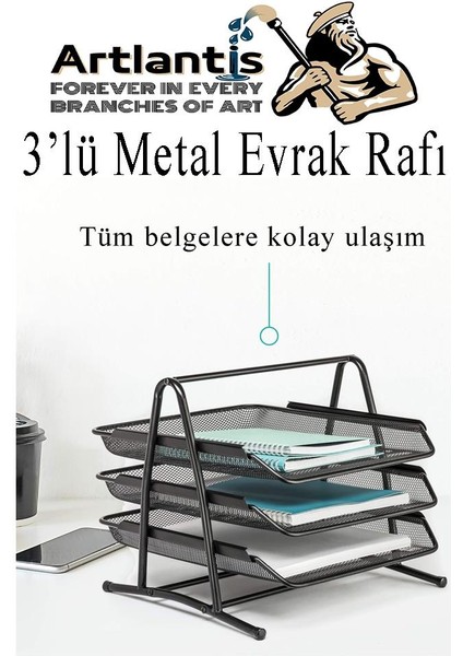 Metal Evrak Rafı 3 Lü 1 Paket Masa Üstü A4 Dosya Düzenleyici Kağıt Tepsisi Fileli Üç Katlı Hareketli
