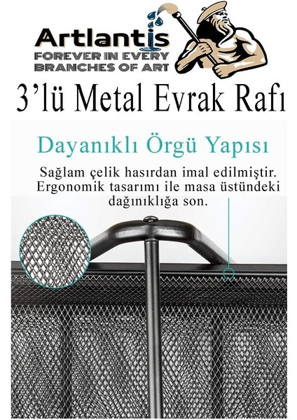 Metal Evrak Rafı 3 Lü 1 Paket Masa Üstü A4 Dosya Düzenleyici Kağıt Tepsisi Fileli Üç Katlı Hareketli
