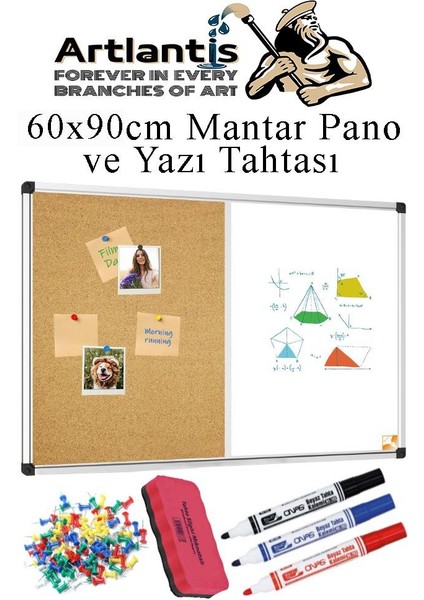 Çift Fonksiyonlu Yazı Tahtası ve Mantar Pano 60X90 cm 1 Adet Alüminyum Çerçeveli Yazı Tahta Kalemi ve Silgisi Harita Çivisi