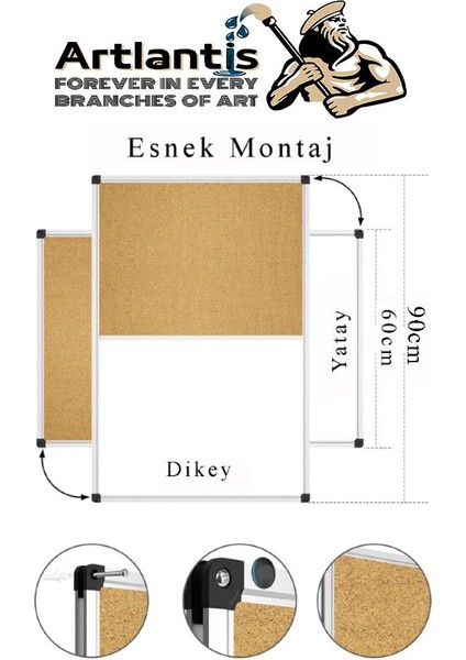 Çift Fonksiyonlu Yazı Tahtası ve Mantar Pano 60X90 cm 1 Adet Alüminyum Çerçeveli Yazı Tahta Kalemi ve Silgisi Harita Çivisi modelleri