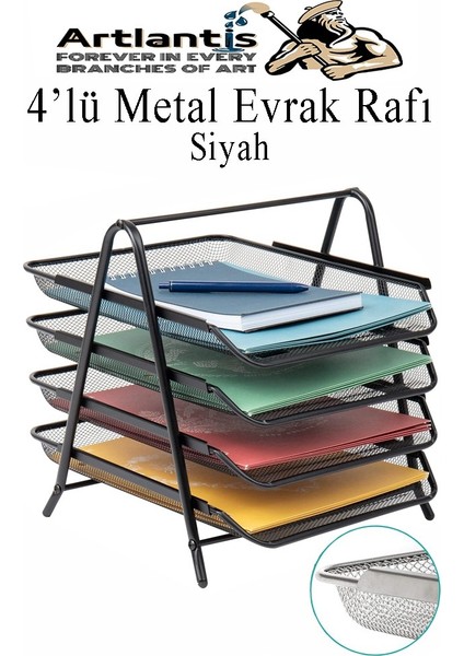 Evrak Rafı Metal 4 Lü 1 Paket Masa Üstü A4 Dosya Düzenleyici Kağıt Tepsisi Metal Fileli Dört Katlı Hareketli Perfore