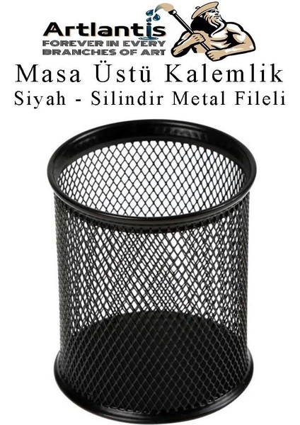 Siyah Silindir Masa Üstü Kalemlik 1 Adet Metal Fileli Renkli Perforeli Yuvarlak Kalemlik Ofis Büro Okul