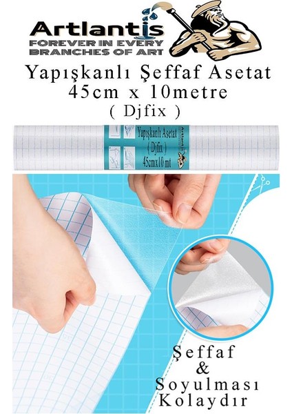 Yapışkanlı Şeffaf Asetat 1 Adet 45CM x 10 Metre Djfix Kendinden Yapışkanlı Şeffaf Rulo Asetat Transparan Soğuk Laminasyon