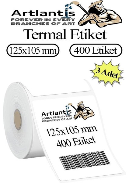 125X105 mm Barkod Etiketi Yapışkanlı 3 Adet Rulo Etiket Termal Barkot Terazi Etiketi 400 Lü Barkod Yazıcılara Uyumludur
