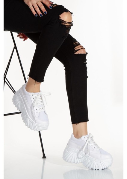 Siyah Taş Detaylı Rahat Yüksek Taban Paraşüt Günlük Kadın Siyah Sneaker Spor Ayakkabı