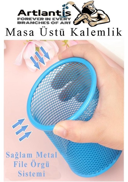 Siyah Silindir Masa Üstü Kalemlik 1 Adet Metal Fileli Renkli Perforeli Yuvarlak Kalemlik Ofis Büro Okul fırsatları