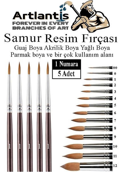 Resim Fırçası 1 Numara 5 Li 1 Paket Samur Yuvarlak Uçlu Fırça Seti Guaj Sulu Akrilik Yağlı Boya Fırçaları