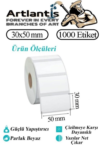 30X50 mm Barkod Etiketi Yapışkanlı 1 Adet Rulo Etiket Termal Barkot Terazi Etiketi 1000 Li Barkod Yazıcılarına Uyumludur