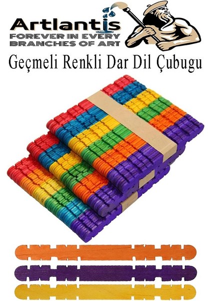 Renkli Geçmeli Dil Çubuğu Dar 150 Li 1 Paket Çentikli Tırtıklı Geçirmeli Eklemeli Renkli Dondurma Çubuğu Kesik Uçlu Ahşap Çubuk