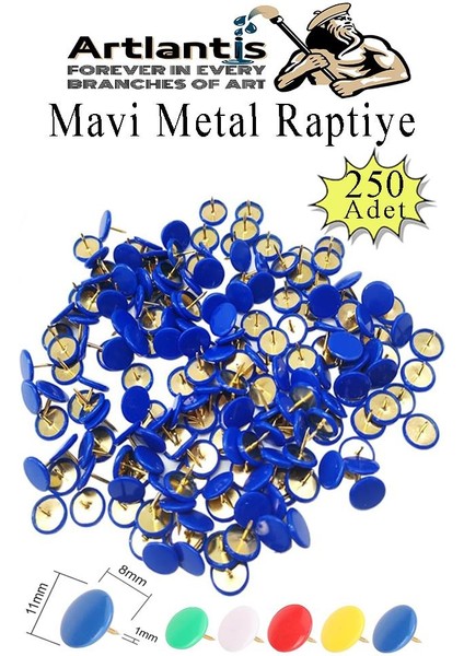 Mavi Raptiye 250 Adet 1 Paket Renkli Pvc Kaplı Başlıklı Raptiye Plastik Yuvarlak Düğmeli Raptiye Pano Okul Ofis Büro