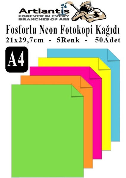 Neon Fosforlu Renkli A4 Fotokopi Kağıdı 50 Li 1 Paket 50 Adet Fosforlu 5 Renk Parlak Canlı Renkler Fotokopi Kağıdı