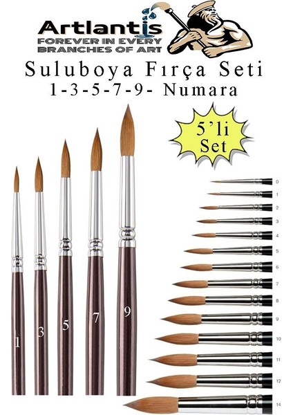 Resim Fırçası 1 - 3 - 5 - 7 - 9 Numara 1 Paket 5 Li Samur Yuvarlak Uçlu Fırça Seti Guaj Sulu Akrilik Yağlı Boya Fırçaları