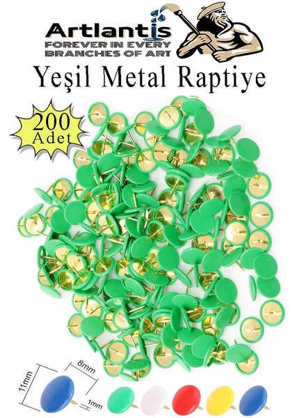 Yeşil Raptiye 200 Adet 1 Paket Renkli Pvc Kaplı Başlıklı Raptiye Plastik Yuvarlak Düğmeli Raptiye Pano Okul Ofis Büro