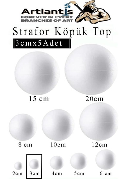 Strafor Köpük Top 3 cm 5 Adet Köpük Top Küre Toplar Yuvarlak Strafor Köpük Top Okul Deney Hobi Sanat