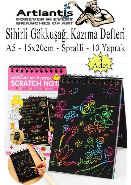 Sihirli Gökkuşağı Kazıma Defteri A5 15X20 cm 3 Paket 10 Sayfa Scratch Note Spralli Siyah Sihirli Resim Defteri