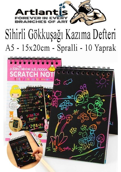 Sihirli Gökkuşağı Kazıma Defteri A5 15X20 cm 3 Paket 10 Sayfa Scratch Note Spralli Siyah Sihirli Resim Defteri