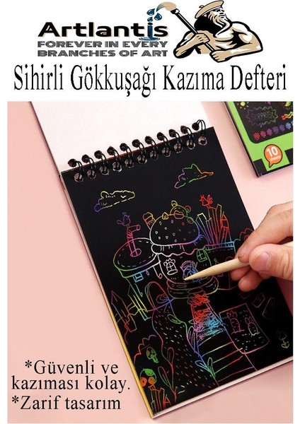 Sihirli Gökkuşağı Kazıma Defteri A5 15X20 cm 3 Paket 10 Sayfa Scratch Note Spralli Siyah Sihirli Resim Defteri