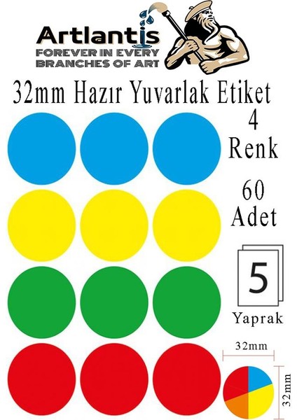32 mm Renkli Hazır Yuvarlak Etiket 60 Lı 1 Paket Mix Color Ofis Etiketleri Kendinden Yapışkanlı Nokta Etiket