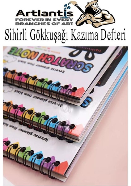 Sihirli Gökkuşağı Kazıma Defteri A6 10X15 cm 3 Paket 10 Sayfa Scratch Note Spralli Siyah Sihirli Resim Defteri