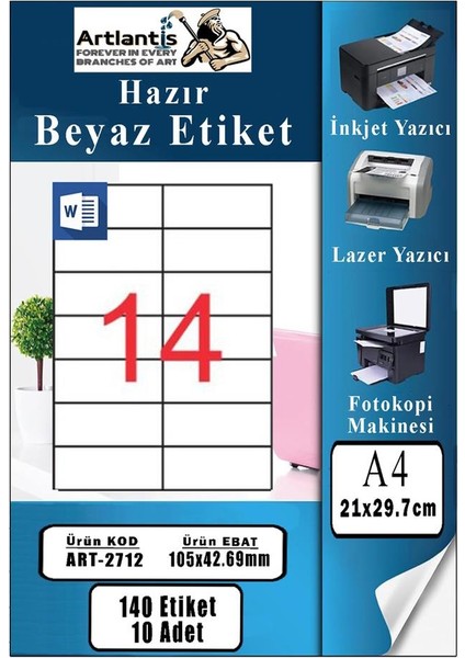 A4 Hazır Etiket 105X42.7 mm 10 Sayfa 1 Paket 14 Lü Kendinden Yapışkanlı Fotokopi Lazer Inkjet Kağıdı Yazıcılar Için Uyumlu