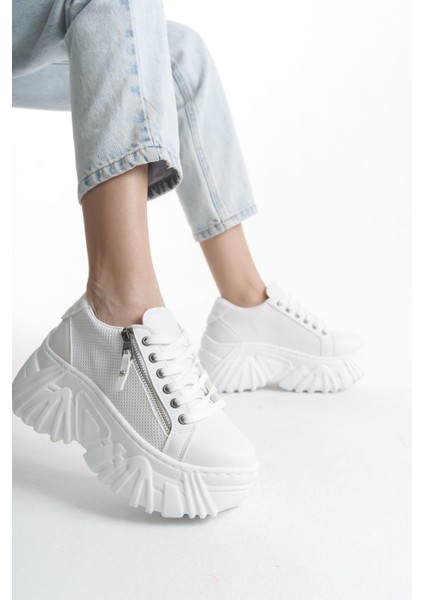 Yandan Detaylı Krem Yüksek Tabanlı Rahat Bağcıklı Günlük Kadın Sneaker Spor Ayakkabı