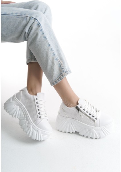 Yandan Detaylı Krem Yüksek Tabanlı Rahat Bağcıklı Günlük Kadın Sneaker Spor Ayakkabı fiyatları