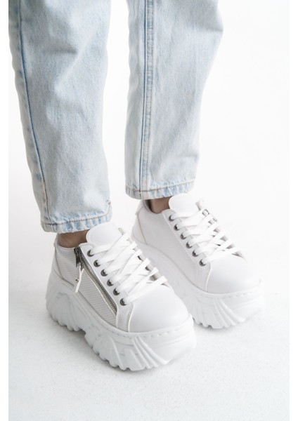 Yandan Detaylı Krem Yüksek Tabanlı Rahat Bağcıklı Günlük Kadın Sneaker Spor Ayakkabı modelleri