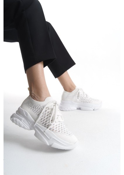 Siyah Parlak Taş Zincir Şeritli Yumuşak Rahat Yüksek Tabanlı Sneaker Kadın Spor Ayakkabı