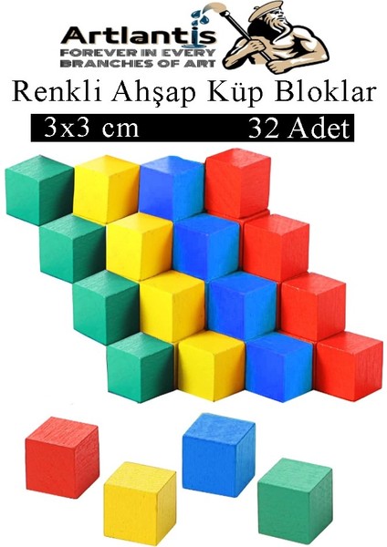 Renkli Ahşap Küp Bloklar 3X3X3 cm 32 Adet Ahşap Renkli Kare Blok Eğitici Geliştirici Oyuncak Küp Matematik Birim Küpleri