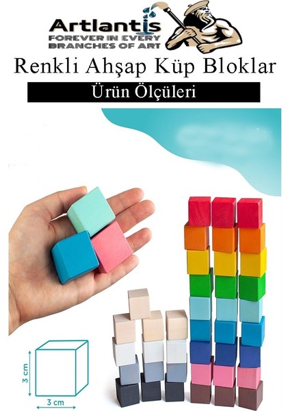 Renkli Ahşap Küp Bloklar 3X3X3 cm 32 Adet Ahşap Renkli Kare Blok Eğitici Geliştirici Oyuncak Küp Matematik Birim Küpleri