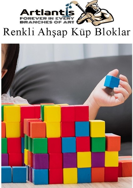 Renkli Ahşap Küp Bloklar 3X3X3 cm 32 Adet Ahşap Renkli Kare Blok Eğitici Geliştirici Oyuncak Küp Matematik Birim Küpleri