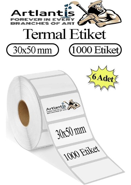 30X50 mm Barkod Etiketi Yapışkanlı 6 Adet Rulo Etiket Termal Barkot Terazi Etiketi 1000 Li Barkod Yazıcılarına Uyumludur