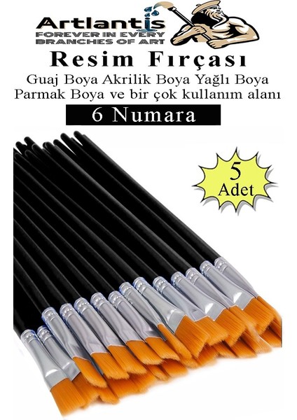 Resim Fırçası 6 Numara 5 Adet Yassı Uçlu Sentetik Resim Fırça Ekonomik Suluboya Akrilik Boya Guaj Boya Yağlı Boya