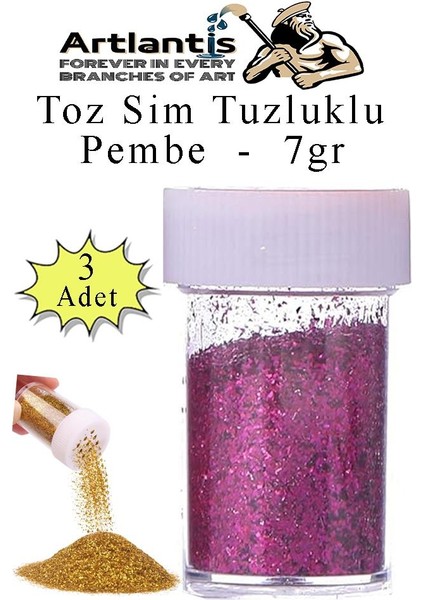 Pembe Toz Sim Tuzluklu 7 gr 3 Adet Renkli Toz Sim Epoksi Reçine Okul Etkinlik Dekarasyon Slime
