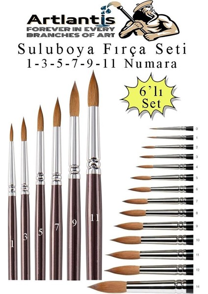 Resim Fırçası 1 - 3 - 5 - 7 - 9 - 11 Numara 1 Paket 6 Lı Samur Yuvarlak Uçlu Fırça Seti Guaj Sulu Akrilik Yağlı Boya Fırçaları