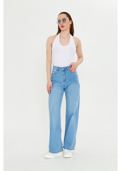 Buz Mavi Beş Cepli Palazzo Denim Pantolon fiyatları