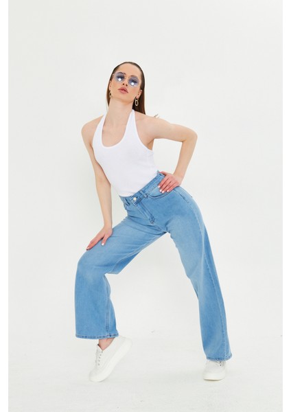 Buz Mavi Beş Cepli Palazzo Denim Pantolon