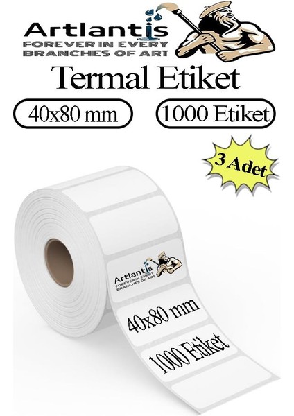 40X80 mm Barkod Etiketi Yapışkanlı 3 Adet Rulo Etiket Termal Barkot Terazi Etiketi 1000 Li Barkod Yazıcılarına Uyumludur