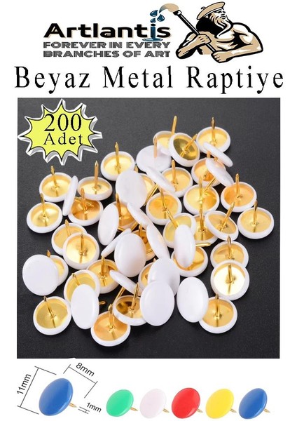 Beyaz Raptiye 200 Adet 1 Paket Renkli Pvc Kaplı Başlıklı Raptiye Plastik Yuvarlak Düğmeli Raptiye Pano Okul Ofis Büro Ev