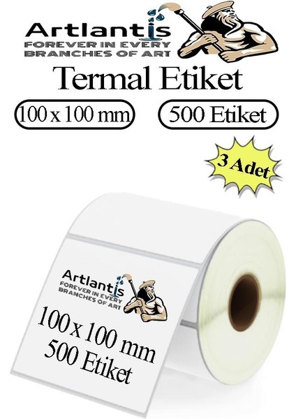 100X100 mm Barkod Etiketi Yapışkanlı 3 Adet Rulo Etiket Termal Barkot Terazi Etiketi 500 Lü Barkod Yazıcılara 10X10CM