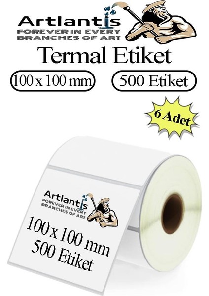 100X100 mm Barkod Etiketi Yapışkanlı 6 Adet Rulo Etiket Termal Barkot Terazi Etiketi 500 Lü Barkod Yazıcılara 10X10CM