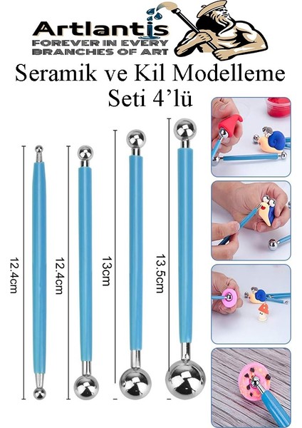 Top Uçlu Seramik ve Kil Modelleme Seti 4 Lü 1 Paket Polimer Kil Şekillendirme Çömlek Oyma Çiçek Marzipan Mandala Top Ütü
