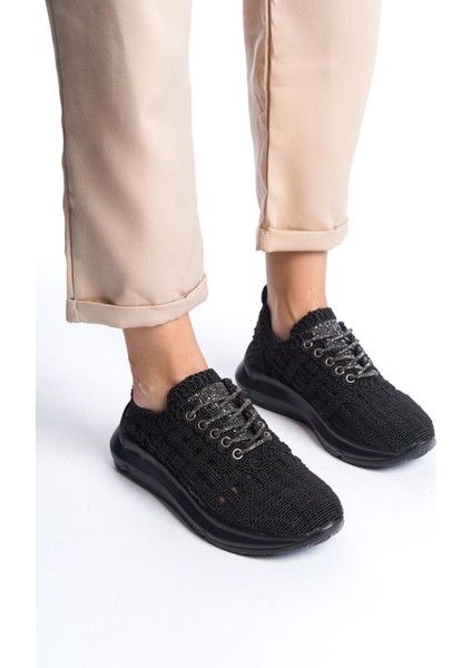 Siyah Bağcıklı Yüksek Taban Cilt Günlük Kadın Sneaker Spor Ayakkabı