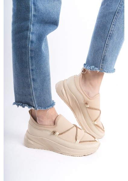 Krem Yandan Detaylı Rahat Geliştirilmiş Comfort Yüksek Tabanlı Sneaker Kadın Spor Ayakkabı fiyatları