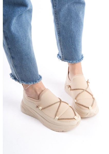 Krem Yandan Detaylı Rahat Geliştirilmiş Comfort Yüksek Tabanlı Sneaker Kadın Spor Ayakkabı modelleri