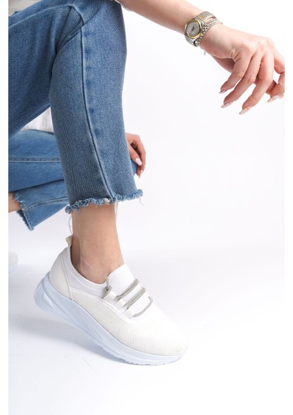 Beyaz Bilekten Taşlı Şerit Detaylı Yumuşak Rahat Yüksek Tabanlı Sneaker Kadın Spor Ayakkabı fiyatları