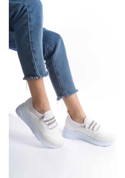Beyaz Bilekten Taşlı Şerit Detaylı Yumuşak Rahat Yüksek Tabanlı Sneaker Kadın Spor Ayakkabı fırsatları