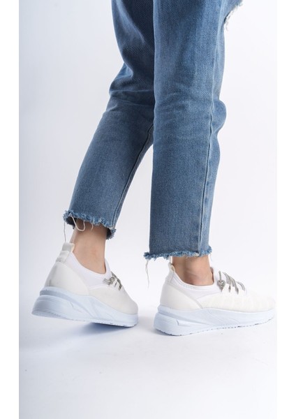 Beyaz Bilekten Taşlı Şerit Detaylı Yumuşak Rahat Yüksek Tabanlı Sneaker Kadın Spor Ayakkabı indirimleri