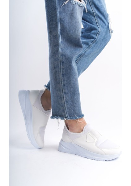 Krem Ortadan Parlak Şerit Detaylı Yumuşak Tekstil Günlük Sneaker Kadın Spor Yürüyüş Ayakkabısı fiyatları